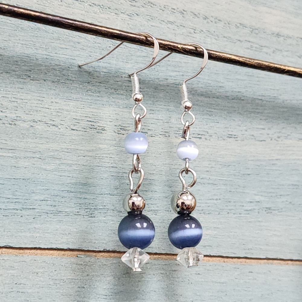 Light Blue Cats Eye With Dark Blue And Black Cats Eye Dangle Earrings